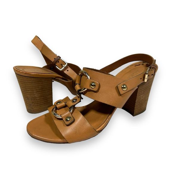 J Crew Equestrian Mid Block Heel Leather Sandals Womens 8 Tan - Picture 1 of 11